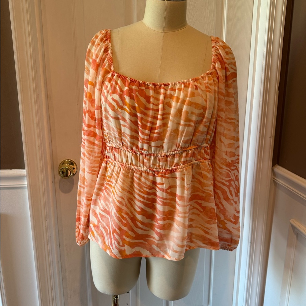 NWT- DR2 Orange and White Ruched Zebra Print Long Sleeve Blouse w/ Elastic Waist